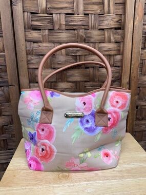 Tupperware Pink & Purple Floral Beige Tote with Brown Handles